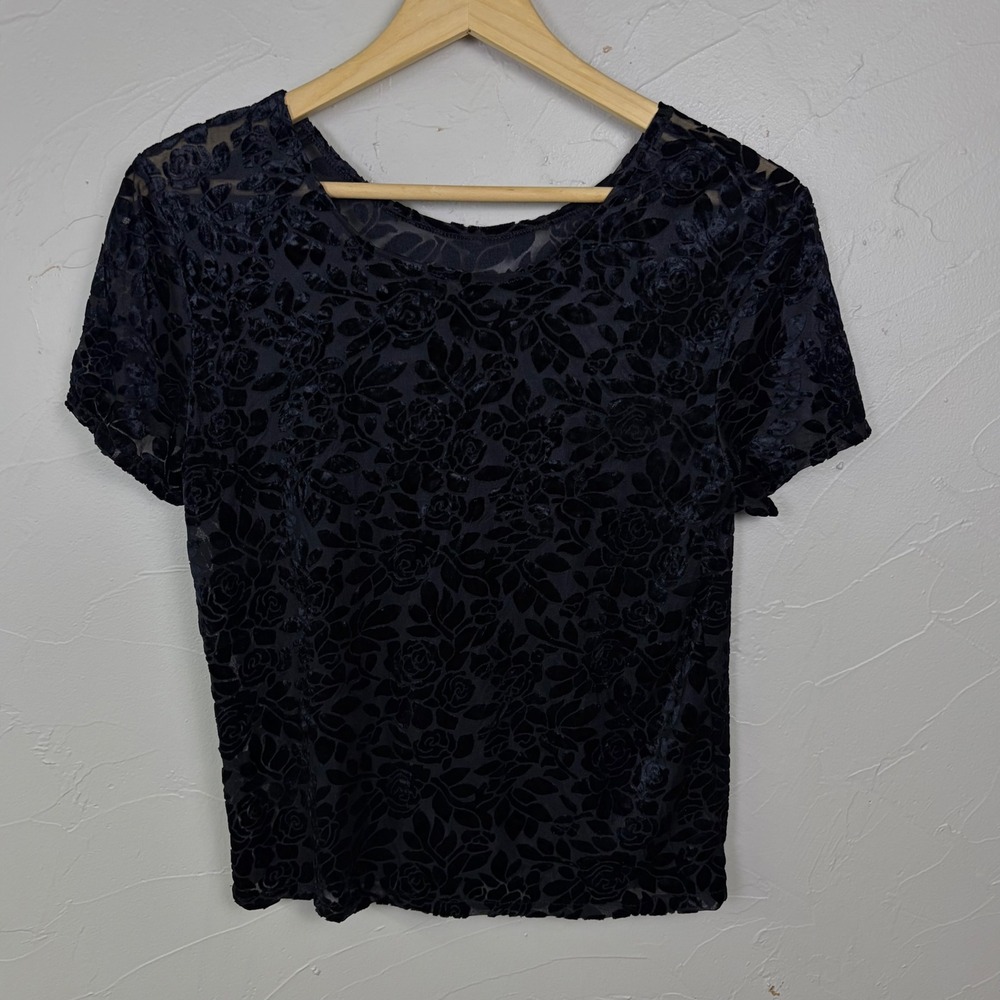 Vintage Velvet Burnout Floral Top Women Medium Black Devore Goth Whimsigoth Vamp